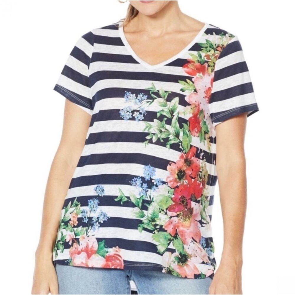 DG2 Diane Gilman floral embellished burnout short sleeve tee Woman’s L - Picture 13 of 16